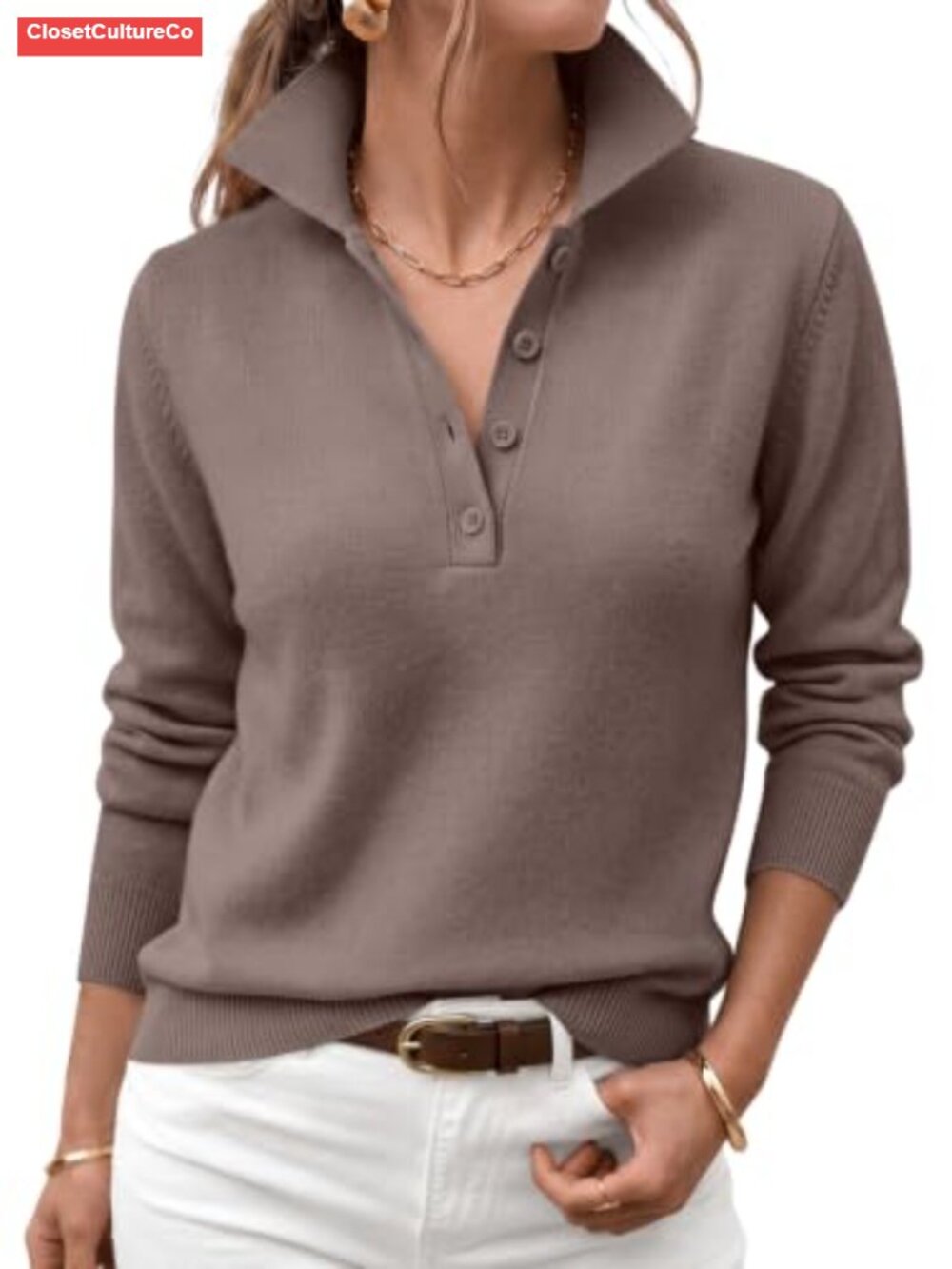 Womens Polo Collar Button Pullover Sweater Lightweight Knit Fall Office Casual
